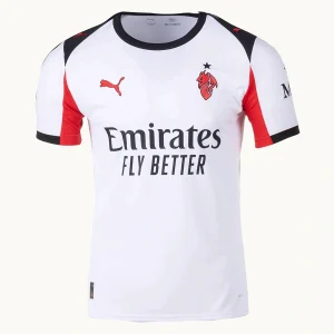 AC Milan Away Kit 25/26 front view, white base with red and black accents, crew neck collar.