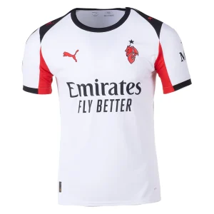 AC Milan Away Kit 25/26 front view, white base with red and black accents, crew neck collar.