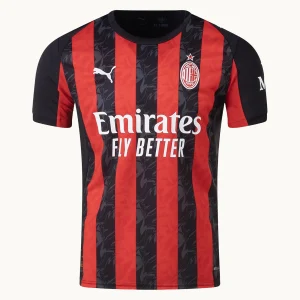AC Milan Home Kit 25/26, front view, red and black stripes with flame motif and crew neck collar.