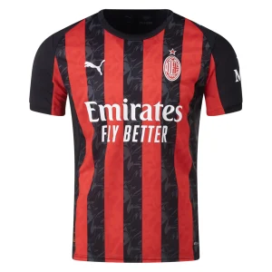 AC Milan Home Kit 25/26, front view, red and black stripes with flame motif and crew neck collar.