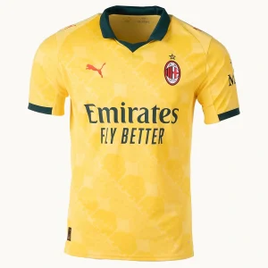 AC Milan Third Kit 25/26 front, yellow with green accents, polo neck collar.
