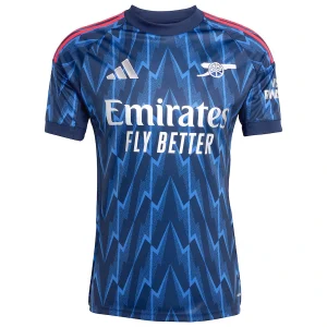 Arsenal Away Kit 25/26, front view with Night Indigo base, lightning bolt pattern, and crew neck collar.