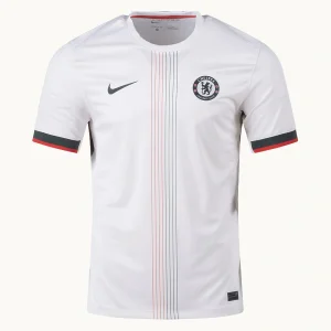 Chelsea Away Kit 25/26, front view in off-white with red and green pinstripes and round collar.