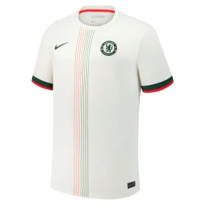 Chelsea Away Kit 25/26, front view in off-white with red and green pinstripes and round collar.