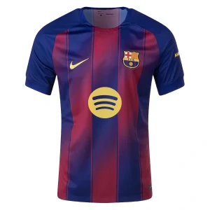 Barcelona Home Kit 25/26 in red and blue gradient stripes with yellow logos