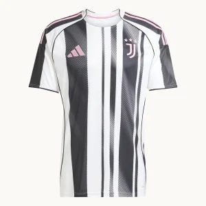 Juventus Home Kit 25/26, front view with black and white stripes, pink accents, and Teamgeist collar.