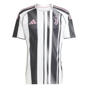 Juventus Home Kit 25/26, front view with black and white stripes, pink accents, and Teamgeist collar.