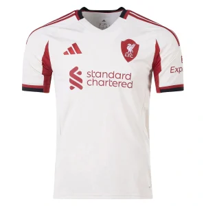 Liverpool FC Away Kit 25/26 in Wonder White with red and black accents, featuring shielded club crest and Adidas logos.