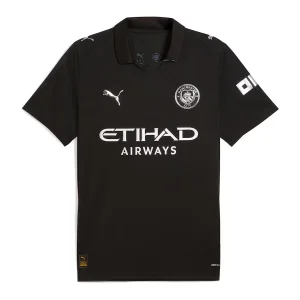 Manchester City Away Kit 25/26, front view in black with metallic silver logos and polo collar.