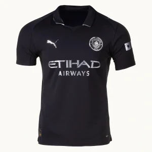 Manchester City Away Kit 25/26, front view in black with metallic silver logos and polo collar.