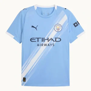 Manchester City Home Kit 25/26, front view in Team Light Blue with diagonal sash and crew neck collar.