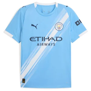 Manchester City Home Kit 25/26, front view in Team Light Blue with diagonal sash and crew neck collar.