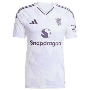 Manchester United Away Kit 25/26, front view in white with light lavender and dark plum accents, overlapping EQT V-neck collar.