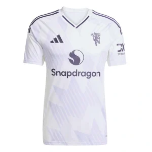 Manchester United Away Kit 25/26, white shirt with light lavender and dark plum accents.