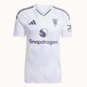 Manchester United Away Kit 25/26, front view in white with light lavender and dark plum accents, overlapping EQT V-neck collar.