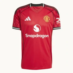 Manchester United Home Kit 25/26, front view in red with black and white accents and V-neck collar.