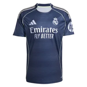 Real Madrid Away Kit 25/26, front view in dark navy with silver and light volt accents, Teamgeist collar.