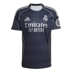 Real Madrid Away Kit 25/26, navy shirt with silver logos and light volt accents.
