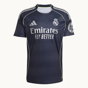 Real Madrid Away Kit 25/26, front view in dark navy with silver and light volt accents, Teamgeist collar.