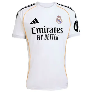 Real Madrid Home Kit 25/26, front view in white with light grey panels, yellow piping, and crew neck collar.