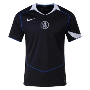 Chelsea Third Kit 25/26, black shirt with silver logos and blue accents.
