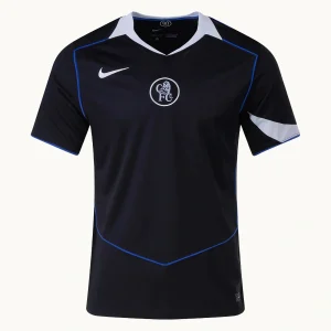 Chelsea Third Kit 25/26 front, black with silver logos and blue accents.
