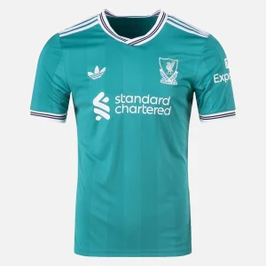 Front view of Liverpool Third Kit 25/26 in sea green with white collar and cuffs.