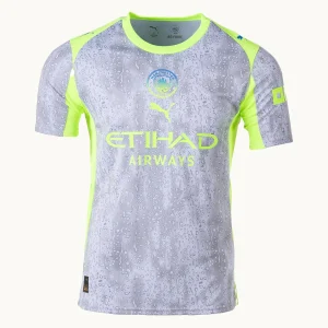 Manchester City Third Kit 25/26, silver-grey with neon green accents.