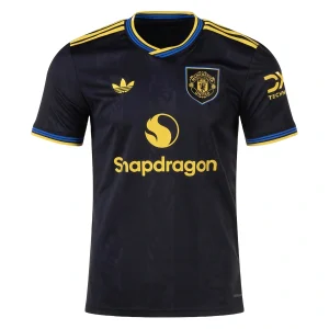 Manchester United Third Kit 25/26, black shirt with yellow and blue accents and retro adidas stripes.